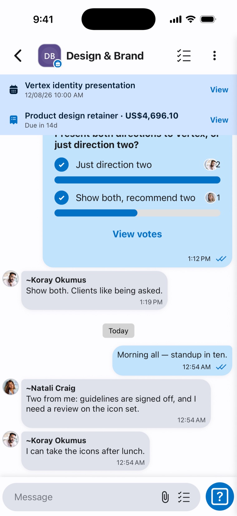 Tapi app — team room with a poll, messages and a pinned event and invoice
