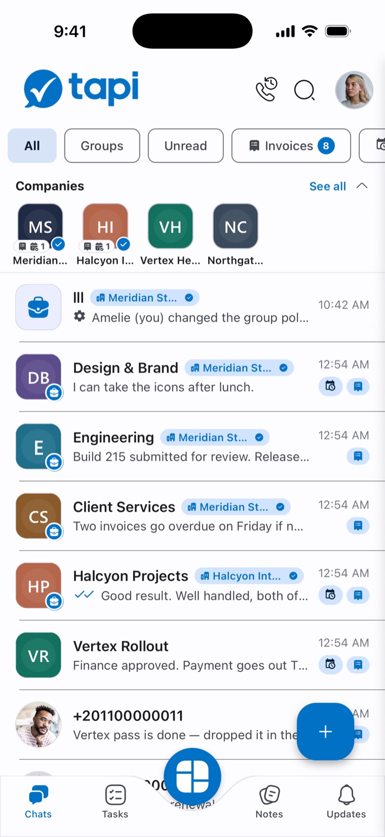 Tapi mobile app — chats home with teams, companies and invoice filters