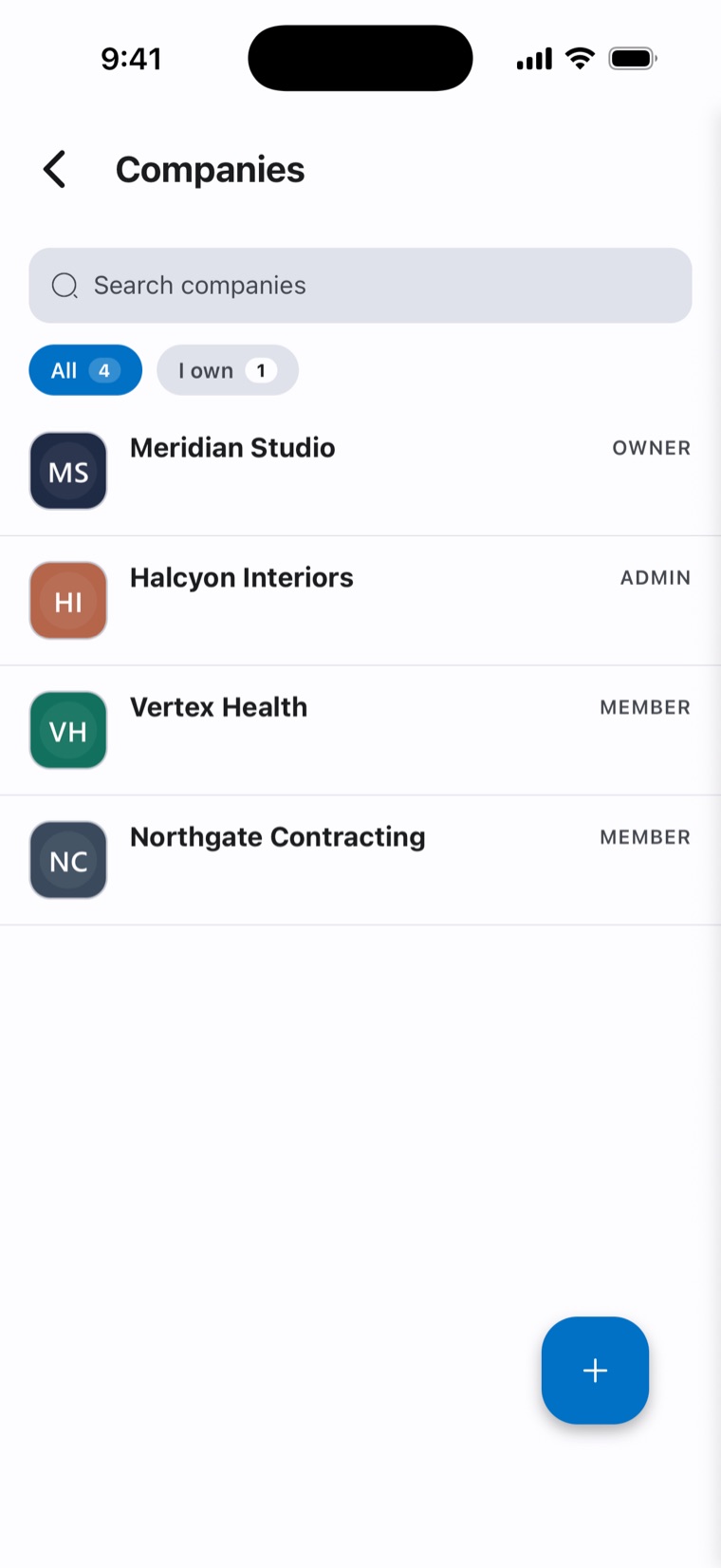 Tapi app — companies list with owner, admin and member roles