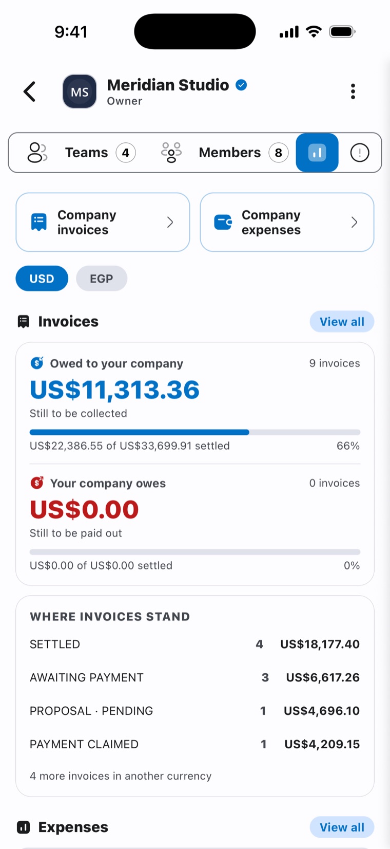 Tapi app — company dashboard with receivables and invoice states