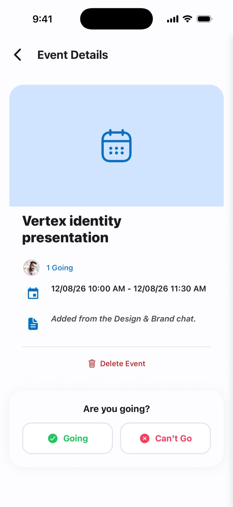 Tapi app — event details with date, attendees and RSVP buttons