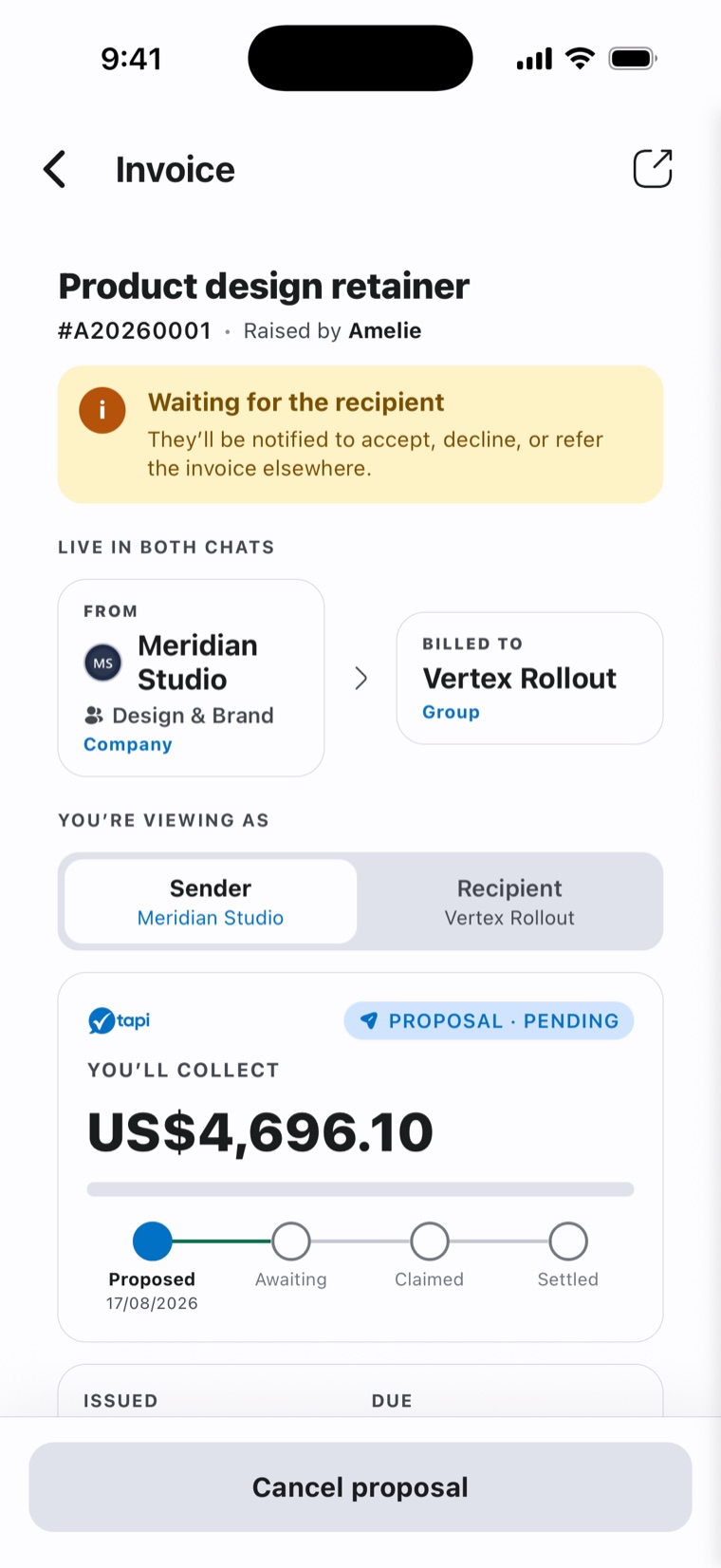 Tapi app — invoice from proposal to settled, with sender and recipient views