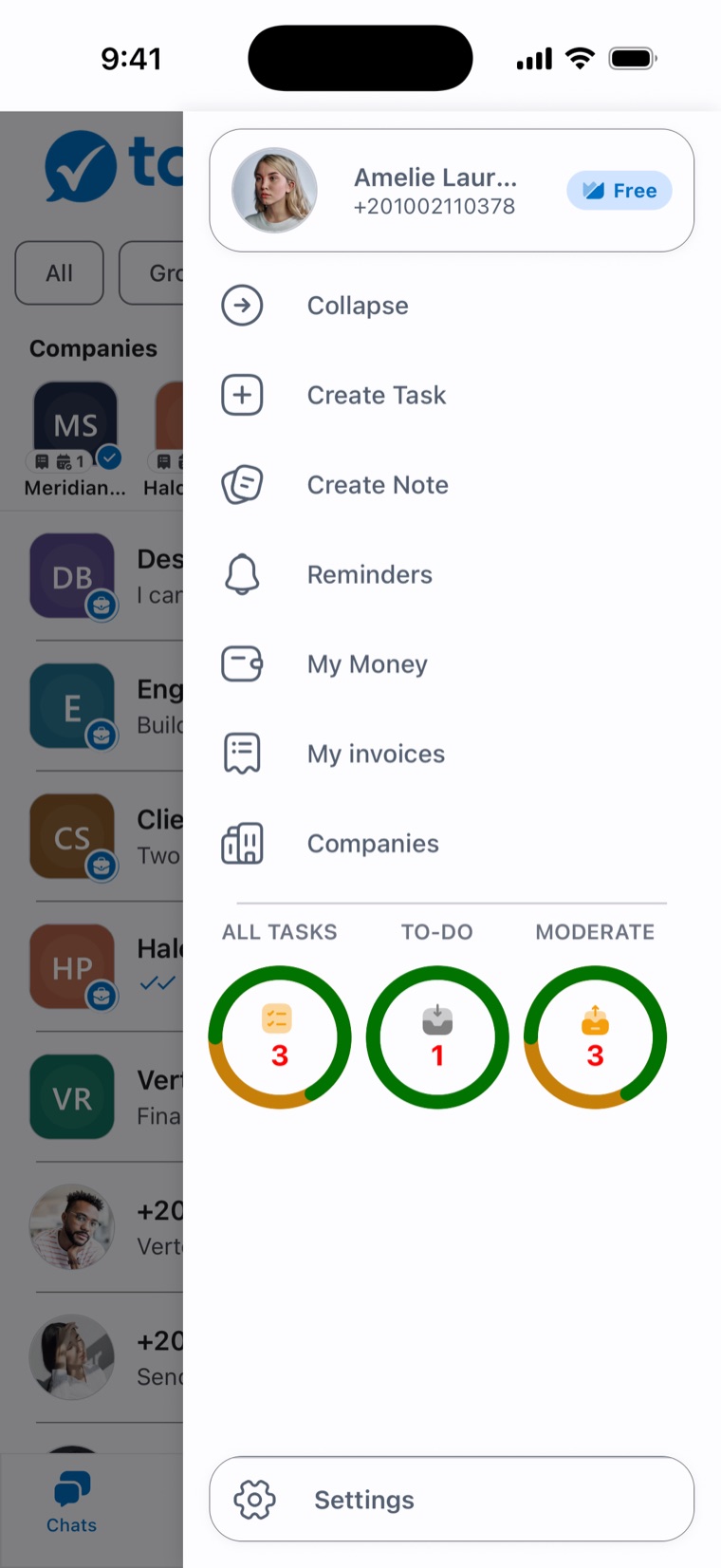 Tapi app — quick menu with tasks, notes, reminders, money and companies one tap away