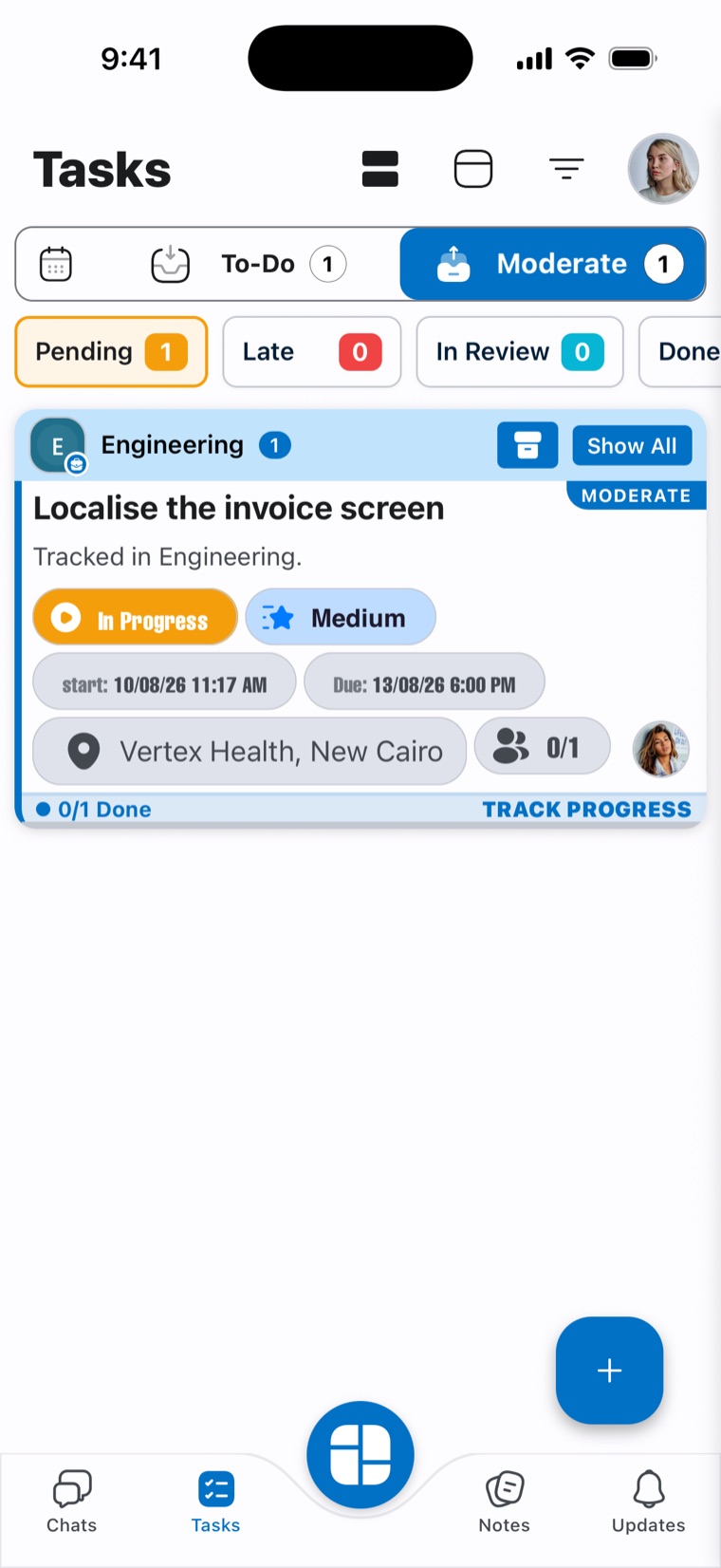 Tapi app — task card with status, priority, dates and progress
