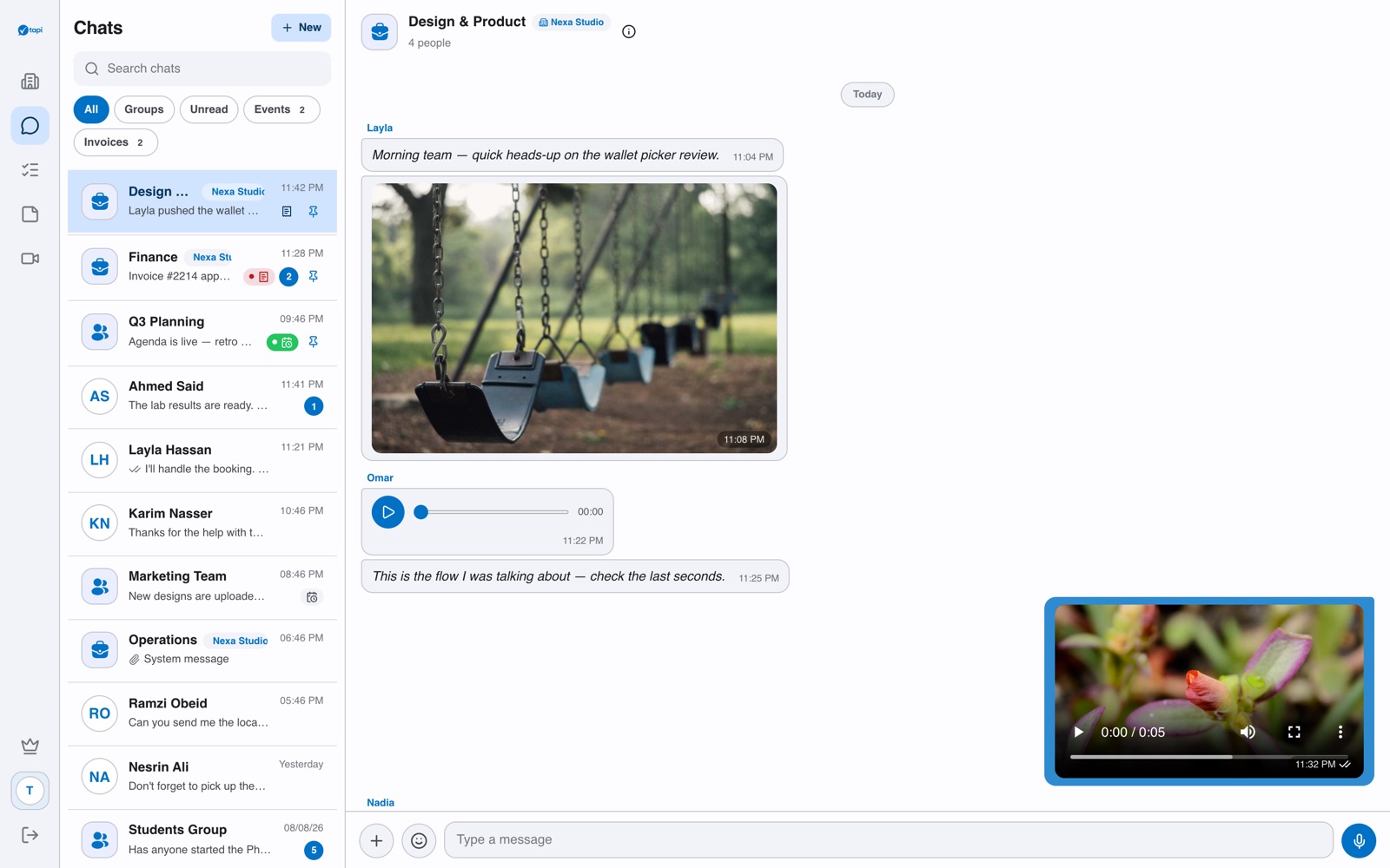 Tapi Web — Design & Product team chat with an image, a voice note and a video message