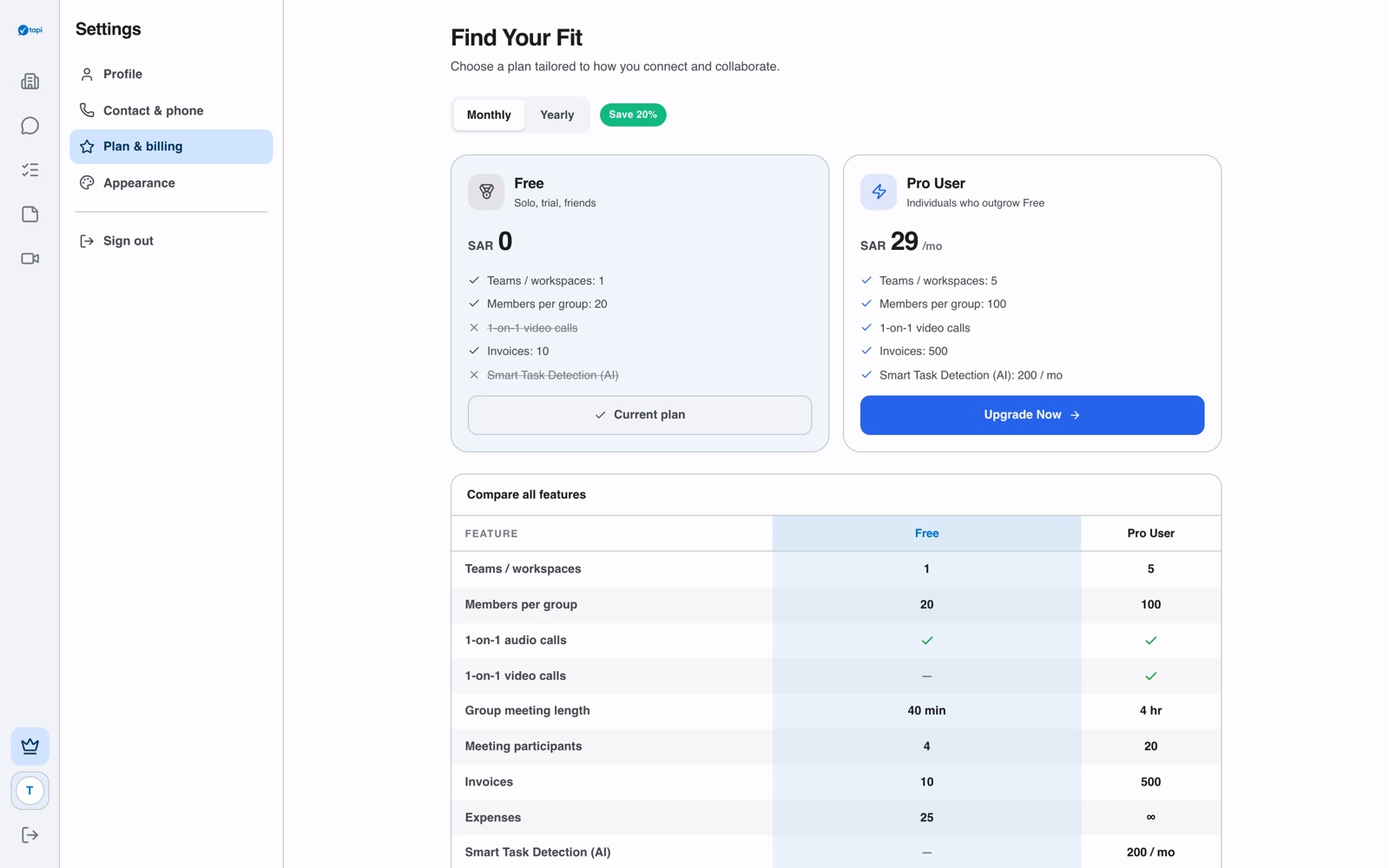 Tapi Web settings — Free and Pro plans compared feature by feature
